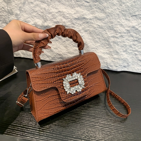 Sac À Main Pour Femmes En Cuir PU À Motif Crocodile Avec Poignée Froncée Et Boucle Carrée En Strass Sac Bandoulière