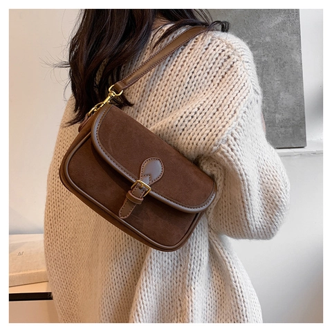 Vintage Women Frosted Suede Saddle Bag Retro Underarm Shoulder Crossbody Purse With Metal Buckle Fall Winter Accessory