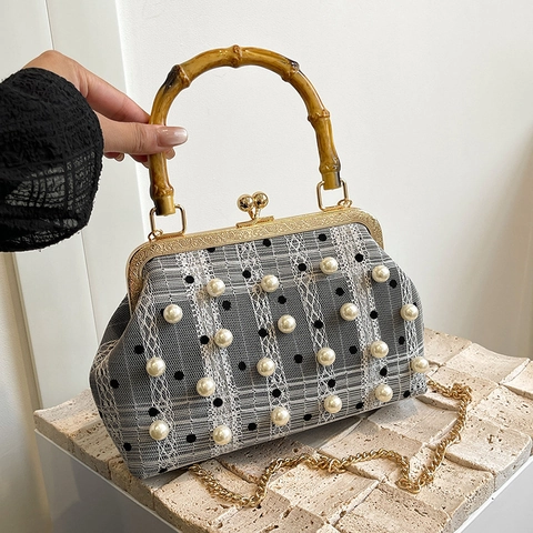 Borsa Tracolla Donna Retro Perla Artificial Tessuto Quadri Manico Bambù Chiusura Metallo Borsa Mano Moda Con Catena