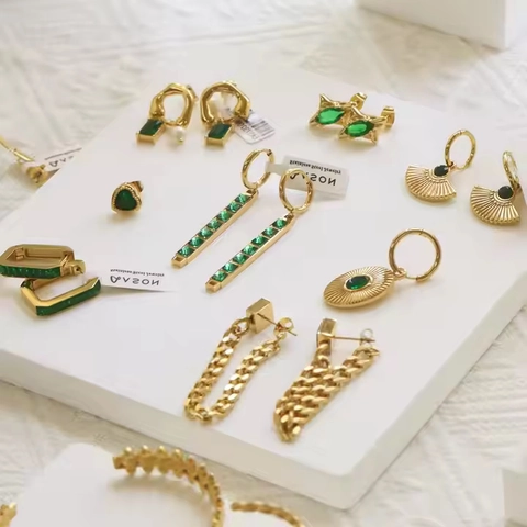 Gold Plated Stainless Steel Jewelry Green Zircon Geometric Earrings Necklace Ring Bracelet Vintage Luxury For Women