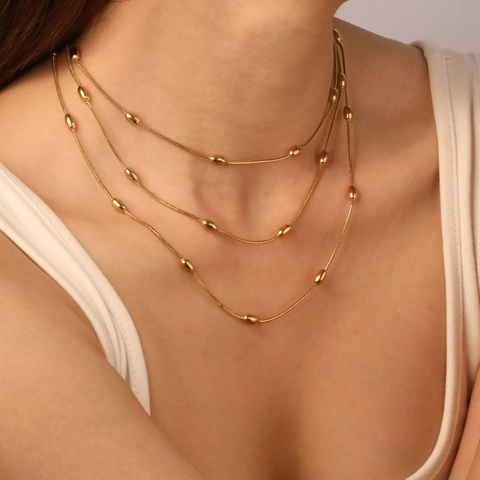 Collar Y Pulsera De Varias Capas De Acero Inoxidable Chapado En Oro De 18K Cadena De Serpiente Cuentas Ovaladas Joyería Hip Hop