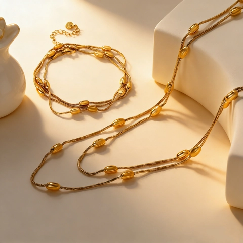 Collar Y Pulsera De Varias Capas De Acero Inoxidable Chapado En Oro De 18K Cadena De Serpiente Cuentas Ovaladas Joyería Hip Hop