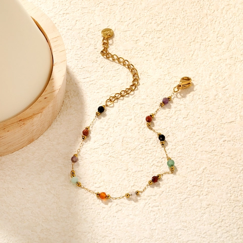Stainless Steel Bracelet For Women Colorful Beaded Thin Gold Chain Adjustable Elegant Dopamine Style Jewelry
