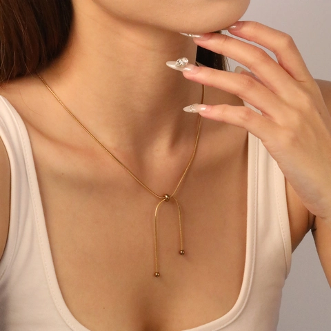 Snake Chain Necklace Stainless Steel 18K Gold Plated Adjustable Slider Minimalist Round Beads Women