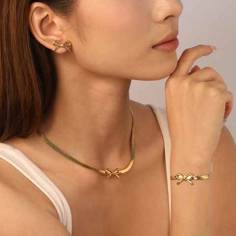Edelstahl Schleife Schmuckset Für Damen Gold Silber Schlangenkette Schleife Halskette Ohrringe Armband Elegante Mode Accessoires