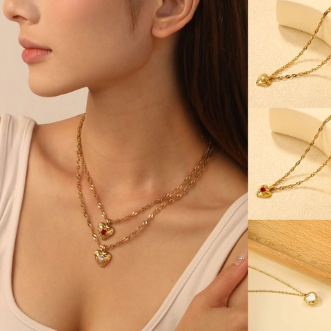 Collier Pendentif Cœur Multi Rang Acier Inoxydable Doré Zircon Rouge Nacre Blanche Texture Lave Bijou Femme