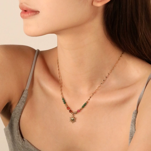 Collana Con Ciondolo In Acciaio Inossidabile Vintage Francese Per Donna Con Pietra Naturale Sole Goccia D'acqua Perline