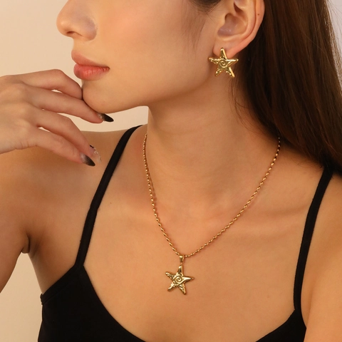 Collar Con Colgante De Estrella De Mar Y Pendientes De Botón Acero Inoxidable Chapado En Oro Textura Espiral Playa
