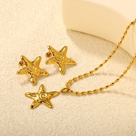Collar Con Colgante De Estrella De Mar Y Pendientes De Botón Acero Inoxidable Chapado En Oro Textura Espiral Playa