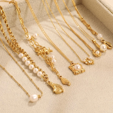 18K Gold Plated Stainless Steel Pearl Necklace For Women Vintage Layered Chain Pendant Necklace Elegant Jewelry Accessories Gift