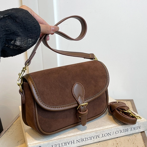 Vintage Wildleder PU Leder Umhängetasche Für Damen Französisch Retro Kleine Quadratische Schultertasche Mit Verstellbarem Gurt