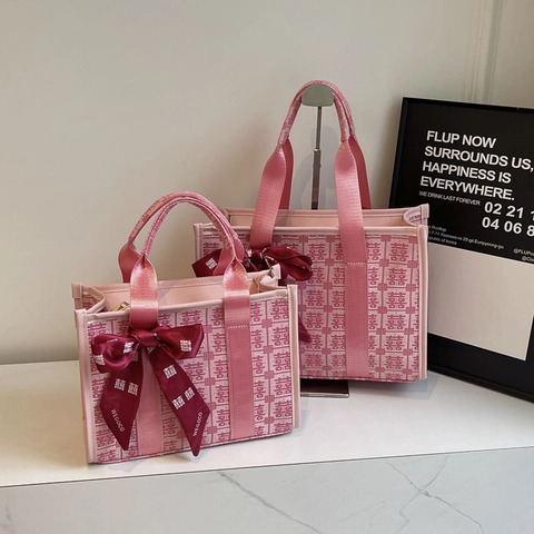 Chinese Stijl Bruiloft Tote Bag Jacquard Stof Dubbel Geluk Patroon Handtas Met Lint Strik Grote Capaciteit