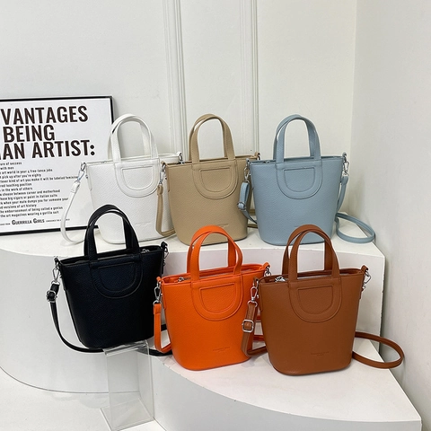 Women Litchi Grain PU Leather Bucket Bag Minimalist Large Capacity Handbag Single Shoulder Crossbody Bag Everyday Purse