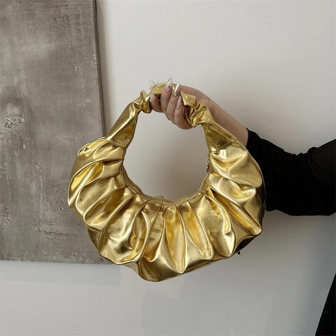 Bolso Hobo Metálico Fruncido para Mujer Bolso de Axila Plisado de Diseñador Media Luna Cloud Bag para Fiesta Moda