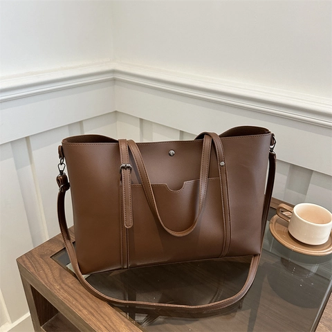 Bolso Tote De Gran Capacidad Para Mujer Cuero PU Vintage Color Sólido Bolso De Hombro Con Bolsillo Delantero