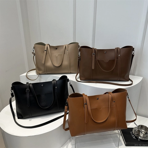 Bolso Tote De Gran Capacidad Para Mujer Cuero PU Vintage Color Sólido Bolso De Hombro Con Bolsillo Delantero