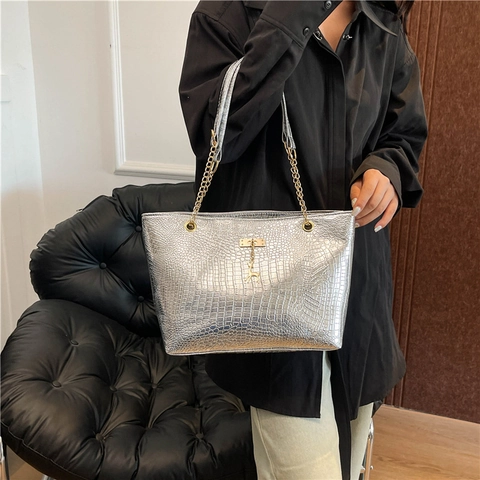 Sac Cabas Femme Motif Crocodile Mode Sac à Épaule en Cuir PU Métallisé Avec Bandoulière Chaîne Et Pendentif Cerf Sac à Main