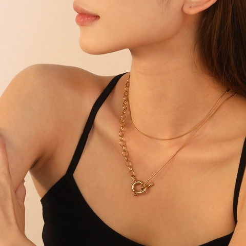 Double Layer Necklace Stainless Steel 18K Gold Plated Toggle Clasp Snake Link Chain Geometric Minimalist Trendy Women