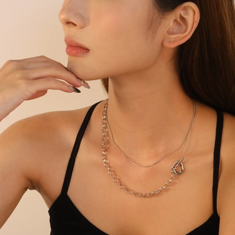 Double Layer Necklace Stainless Steel 18K Gold Plated Toggle Clasp Snake Link Chain Geometric Minimalist Trendy Women