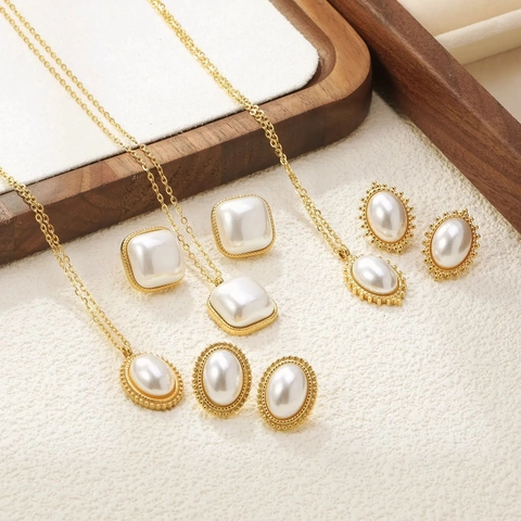 Vintage Franse Stijl Imitatie Kunstparel Roestvrij Stalen Ketting En Oorbellen Voor Dames Geometrische Zirconia Sieraden