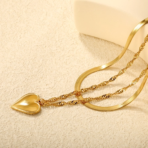 Heart Pendant Double Layered Necklace 18K Gold Plated Stainless Steel Herringbone And Twist Chain For Women