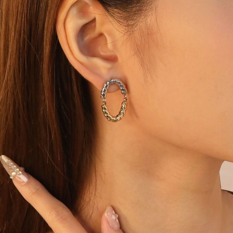 Orecchini A Lobo Ovali Intrecciati Bicolore Acciaio Inossidabile Con Perno In Argento Sterling 925 Trama Corda Donna