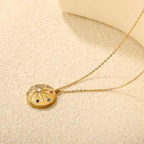 Eight Pointed Star Round Pendant Necklace 18K Gold Plated Stainless Steel Multi Color Rhinestone Boho Jewelry For Women
