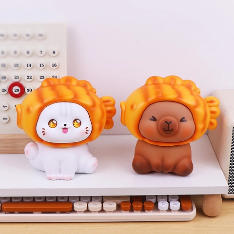 Kawaii Cartoon Animal Piggy Bank Vinyl Taiyaki Croissant Hat Cat Capybara Money Box Desktop Ornament Kids Gift