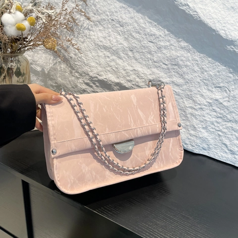 Bolso de Hombro de Cuero PU para Mujer Moda Textura Arrugada Patrón de Mármol Correa de Cadena Minimalista