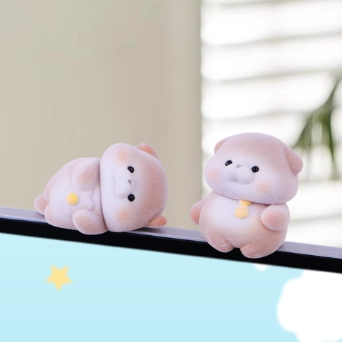 Cute Flocked Vinyl Otter And Fish Computer Monitor Hanging Ornament Cartoon Animal Desktop Car Screen Border Figurine Decoration