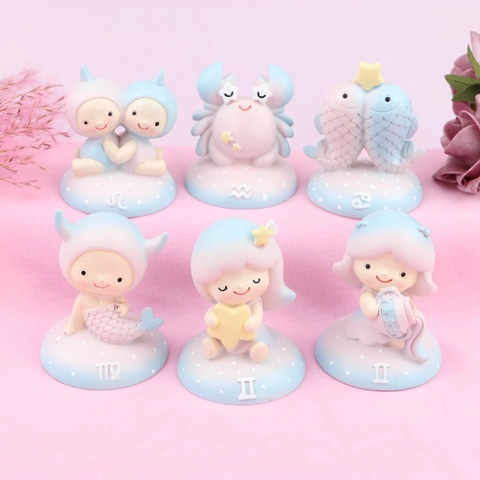 Zodiac Signs Resin Figurines Cute Cartoon Girl Desktop Ornaments Macaron Color Cake Toppers Home Decor Gift