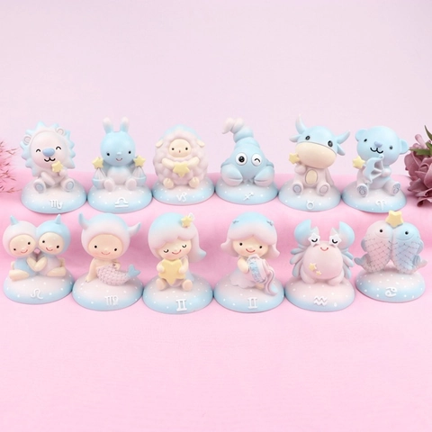 Zodiac Signs Resin Figurines Cute Cartoon Girl Desktop Ornaments Macaron Color Cake Toppers Home Decor Gift
