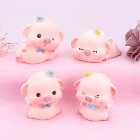 Cute Cartoon Pink Pig Figurine Vinyl Animal Statue With Crown Bow Wings For Birthday Cake Topper Room Table Home Decor Gift