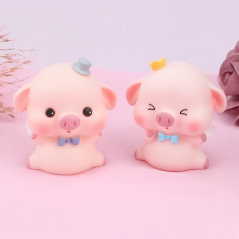 Cute Cartoon Pink Pig Figurine Vinyl Animal Statue With Crown Bow Wings For Birthday Cake Topper Room Table Home Decor Gift