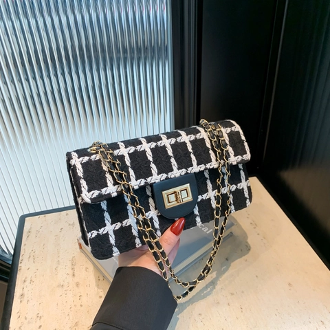 Womens Tweed Plaid Crossbody Bag Metal Chain Strap Square Flap Turn Lock Stylish Versatile Shoulder Bag