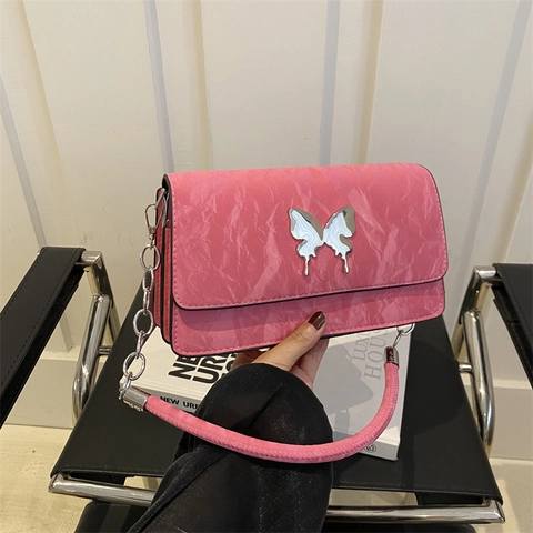 Bolso de Hombro de Cuero PU Fruncido con Decoración de Mariposa de Metal Moda Cadena Bolso de Axila para Mujer Diario