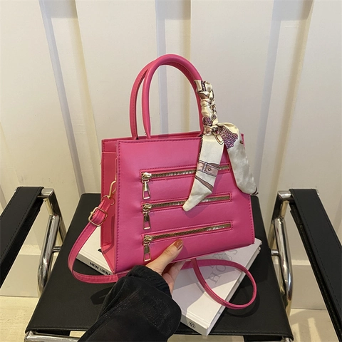Women Fashion Solid Color PU Leather Small Square Bag With Decorative Zippers Satin Scarf Handle Handbag Crossbody Bag