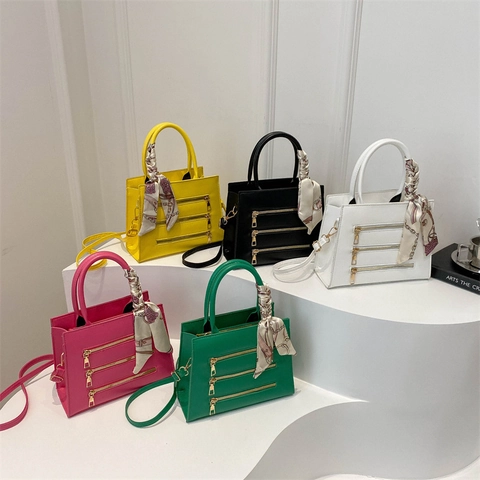 Women Fashion Solid Color PU Leather Small Square Bag With Decorative Zippers Satin Scarf Handle Handbag Crossbody Bag