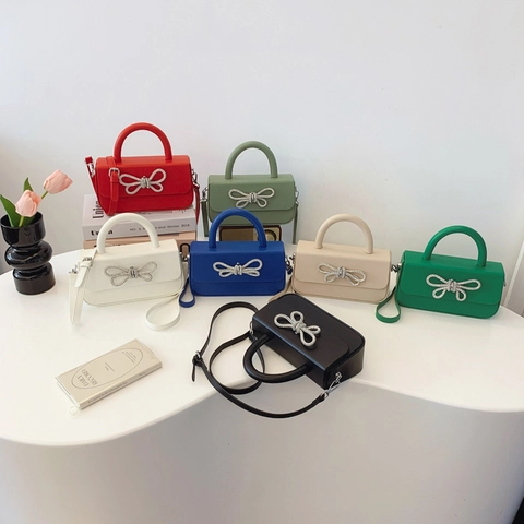 Borsa Quadrata Piccola da Donna con Fiocco di Strass Elegante in Pelle Sintetica PU Borsa a Mano per Festa Serale con Manico