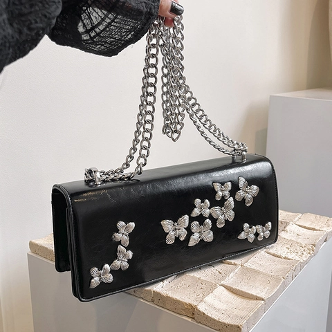 Butterfly Crossbody Bag PU Leather Metal Chain Shoulder Purse Trendy Rectangle Flap Handbag For Women Chic Accessory