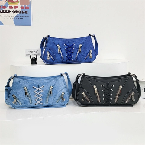 Sac Bandoulière Sous Le Bras Pour Femmes Denim Multi Fermeture Éclair Corset Laçage Moto Vintage Y2K Mode