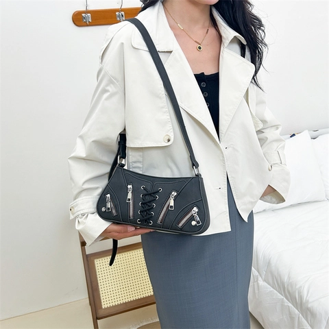 Sac Bandoulière Sous Le Bras Pour Femmes Denim Multi Fermeture Éclair Corset Laçage Moto Vintage Y2K Mode