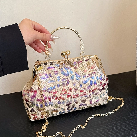 Vintage Stroh Geflochten Leopard Print Abendtasche Clutch Metallgriff Abnehmbarer Kettenriemen Strass Schmetterling Handtasche
