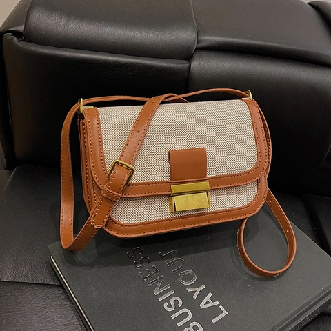 Borsa Tracolla Donna Tela Lino PU Pelle Patchwork Retro Minimalista Borsa Quadrata Con Chiusura Dorata Tracolla