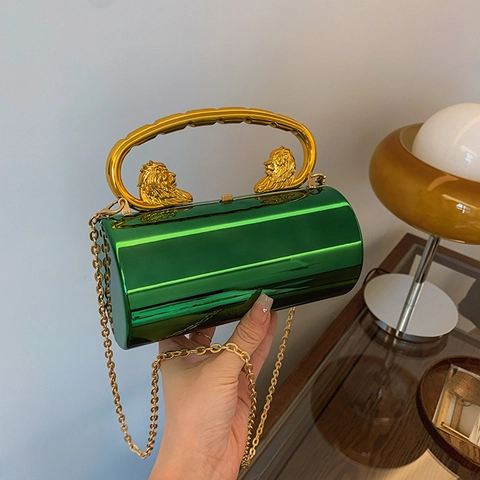 Women Luxury Mirror PU Evening Bag With Lion Head Handle Metal Chain Cylinder Hard Shell Crossbody Bag For Wedding Party