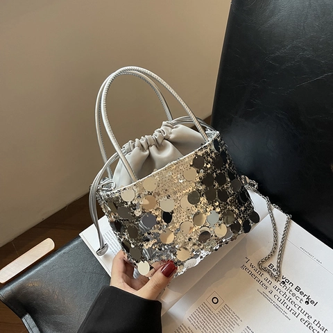 Women Fashion Sequin Bucket Bag Shiny Chain Crossbody Bag Drawstring Evening Handbag Sparkly Shoulder Bag For Party Wedding Daily