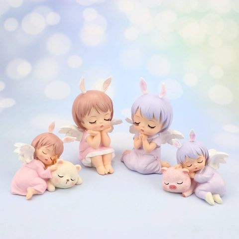 Cute Angel Girl Resin Figurine Bunny Ears Wings Desktop Decor Room Ornament Cartoon Sleeping Praying Statue