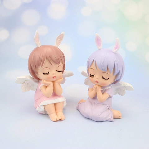 Cute Angel Girl Resin Figurine Bunny Ears Wings Desktop Decor Room Ornament Cartoon Sleeping Praying Statue