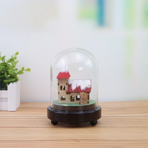 Hölzerne Musikalische Glaskuppel Mit LED Licht Miniaturlandschaft Schneehütte Und Bärenfiguren Schreibtisch Deko Geschenk