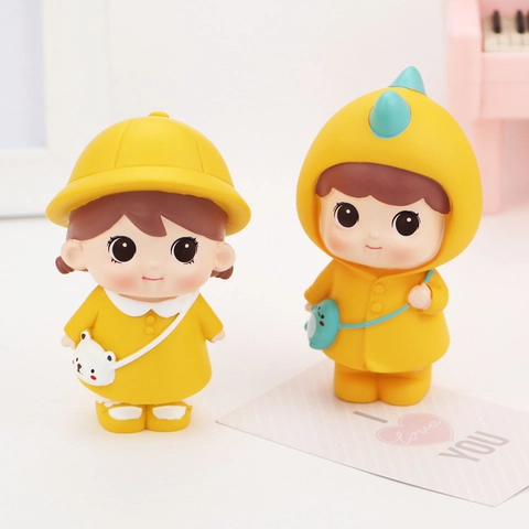 Figurine de Fille de Couple de Dessin Animé Mignon Résine Miniature Dinosaure Poupée Ornement Voiture Décoration Bureau